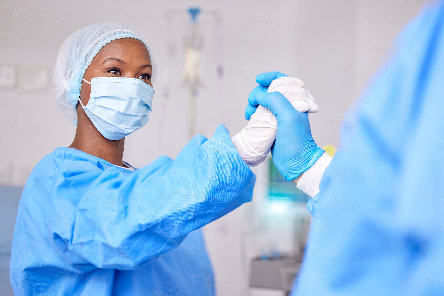 Buy stock photo High five, teamwork and doctors in surgery with support, success and healthcare, operation theatre and face mask. Health, people and surgeon collaboration, hands together for trust and solidarity