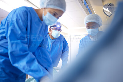 Buy stock photo Hospital, surgeon team and doctors for emergency, healthcare or medical procedure. Medicine, group and staff to start collaboration, surgery and operation with support and scrubs in ICU or theatre