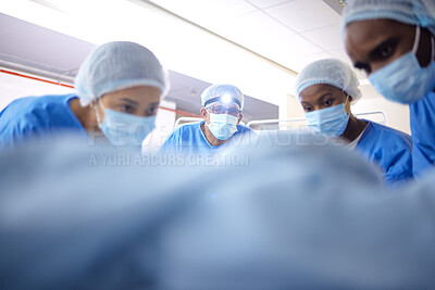 Buy stock photo Doctors, hospital bed and surgeon team for emergency, healthcare or medical procedure. Theatre group start collaboration, healing or surgery and operation with support, risk and scrubs in ICU