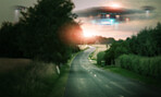 Road, UFO or spaceship with galaxy mission, countryside or planet with travel, alien transport or extraterrestrial. Craft, nature or trees with light beam, universe or science fiction with innovation