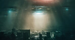 City, night and ufo in sky, spaceship and surreal alien invasion outdoor. Future, flying saucer and spacecraft in urban town, extraterrestrial drone in flight and UAP over cityscape, metro and cbd