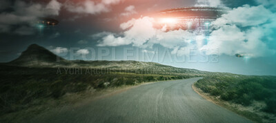 Buy stock photo Road, UFO and spaceship with blue sky, innovation and planet with travel, alien and transport with science fiction. Craft, technology and trees with light beam, universe and galaxy mission with glow