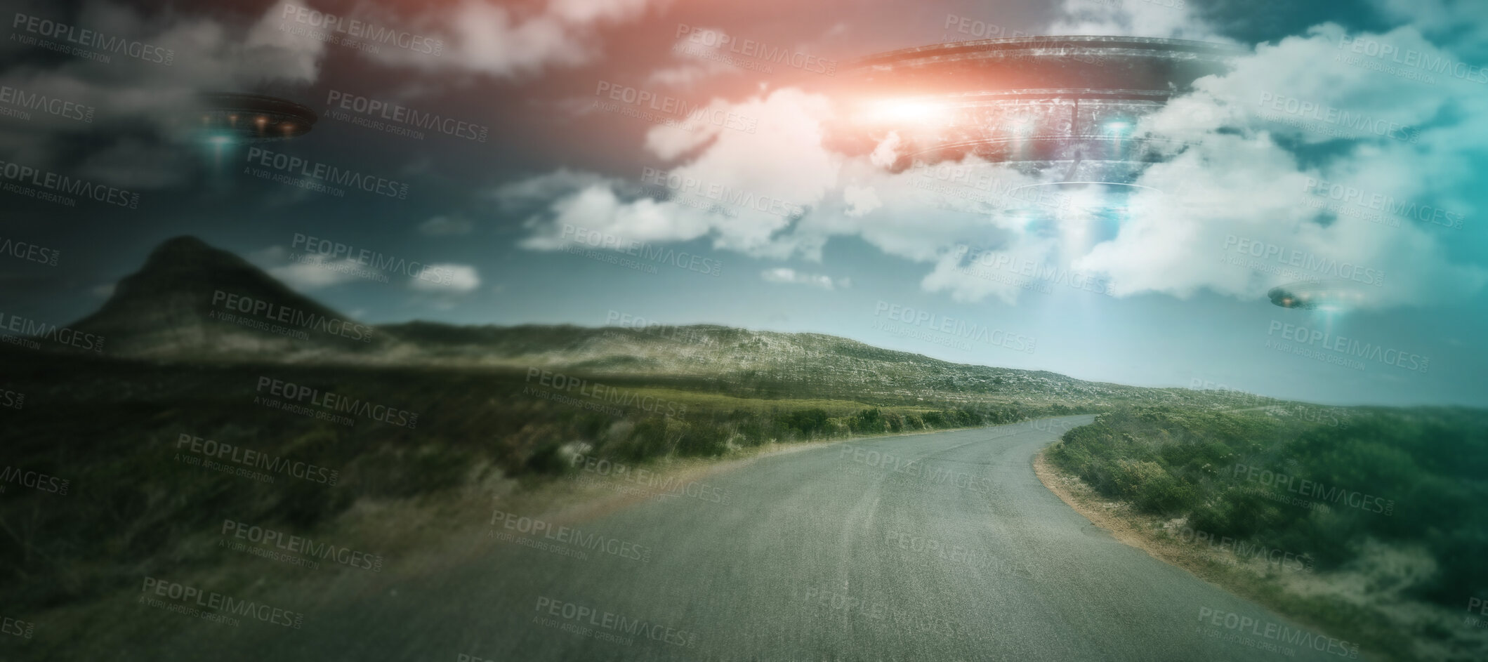 Buy stock photo Road, UFO and spaceship with blue sky, innovation and planet with travel, alien and transport with science fiction. Craft, technology and trees with light beam, universe and galaxy mission with glow