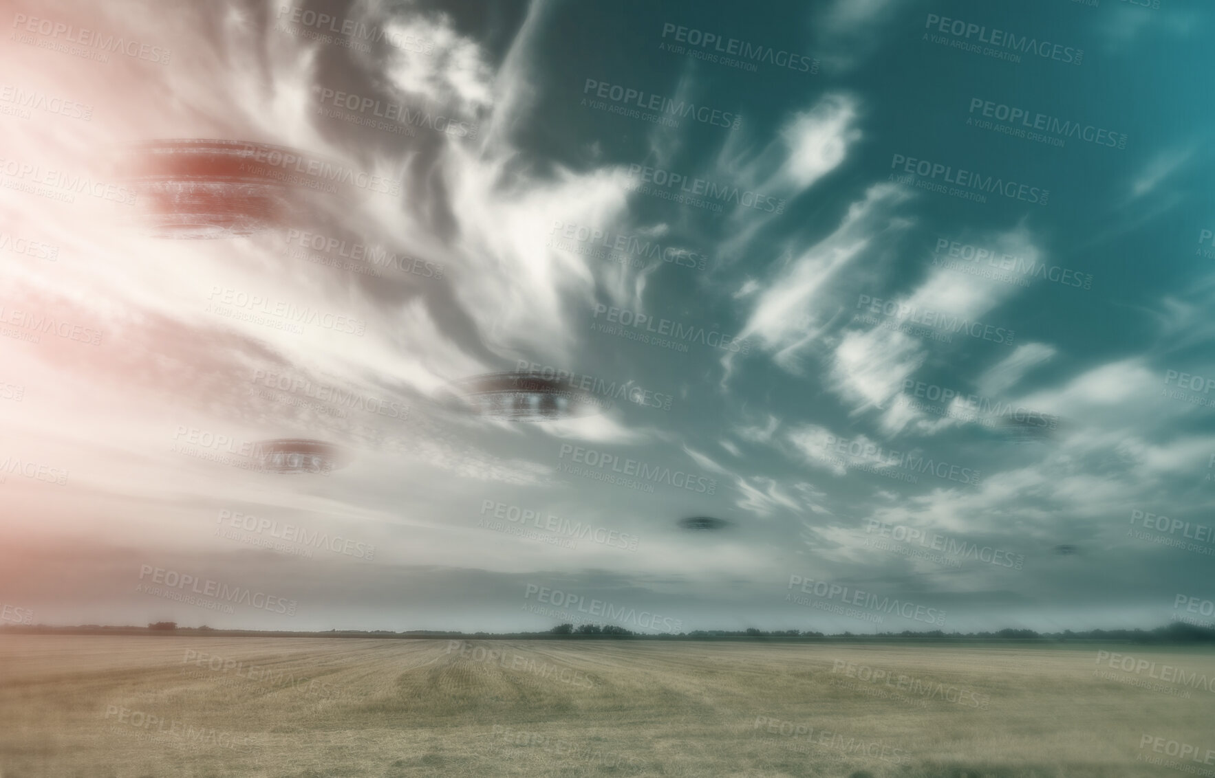 Buy stock photo UFO, spaceship and nature with alien in sky with fantasy or science fiction event in countryside, field or landscape with clouds. Earth, aliens and extraterrestrial drone in environment with blur