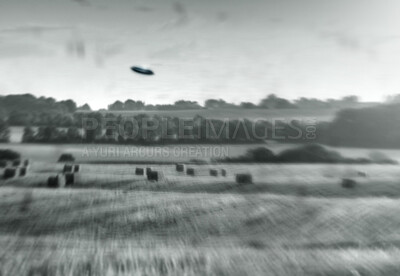 Buy stock photo Alien, spaceship and UFO on farm, nature or sky with fantasy or science fiction event in countryside, field or landscape. Earth, aliens and extraterrestrial drone in environment with blur or motion