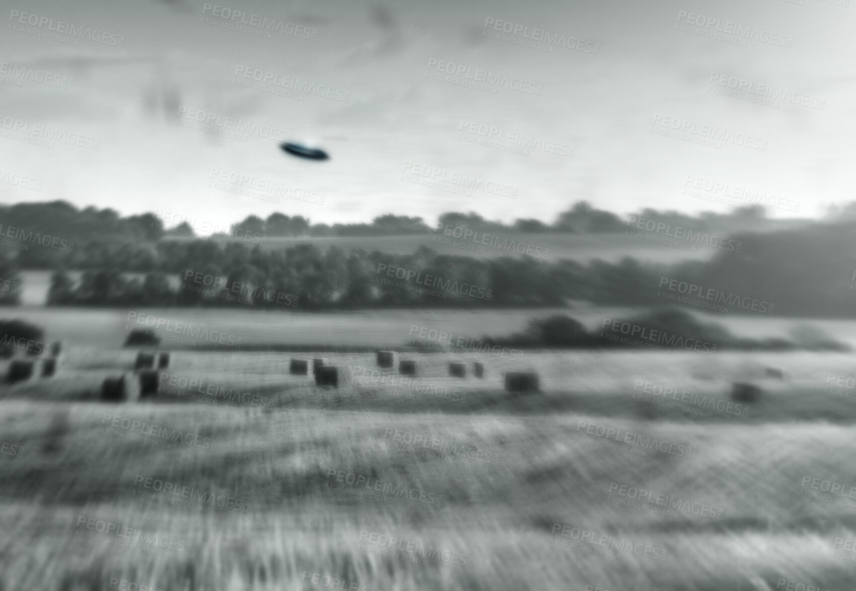 Buy stock photo Alien, spaceship and UFO on farm, nature or sky with fantasy or science fiction event in countryside, field or landscape. Earth, aliens and extraterrestrial drone in environment with blur or motion