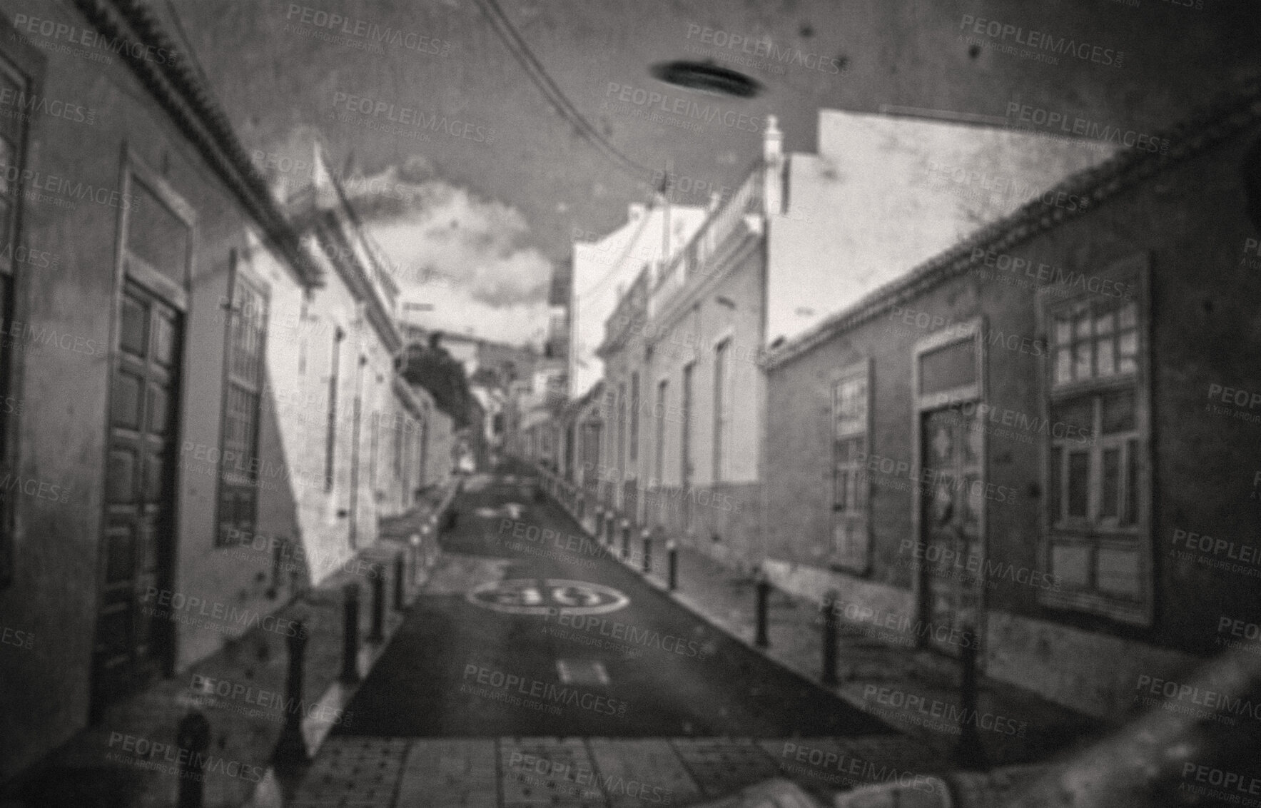 Buy stock photo Street, Ufo and city home or travel with clouds and retro buildings or architecture. Spaceship, alien and drone with monochrome technology on road in Italy for outer space, universe and futuristic