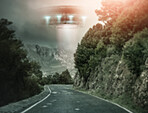 Road, UFO and spaceship with nature, galaxy mission and planet with travel, alien and transport with fantasy. Craft, streets and trees with light beam, universe and science fiction with innovation