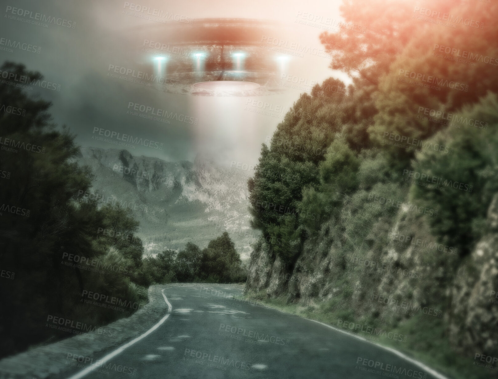 Buy stock photo Road, UFO and spaceship with nature, galaxy mission and planet with travel, alien and transport with fantasy. Craft, streets and trees with light beam, universe and science fiction with innovation