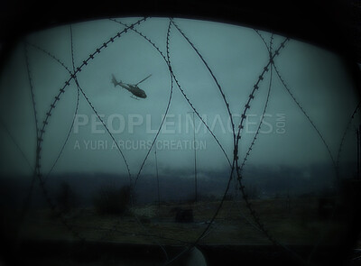 Buy stock photo Barbed wire, helicopter travel and military inspection for government surveillance for army. Plane, battlefield and air transportation with mission and airplane with pilot and soldier search