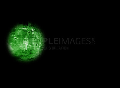 Buy stock photo Night vision, military and target scope of a army outdoor with security at war with green light. Search, surveillance and government with scope and cybersecurity with agency working of spy and sniper