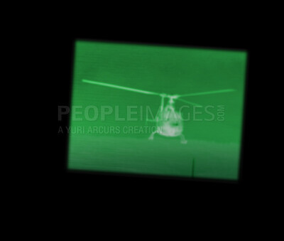 Buy stock photo Night vision, helicopter and military inspection for government surveillance for army. Plane, battlefield and air transportation with mission and airplane with green lighting with soldier search