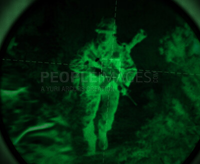 Buy stock photo Dark, night vision and soldier in the military, war or mission for army with surveillance, security or agent of government. Green, man or person with overlay of sniper telescope view or enemy