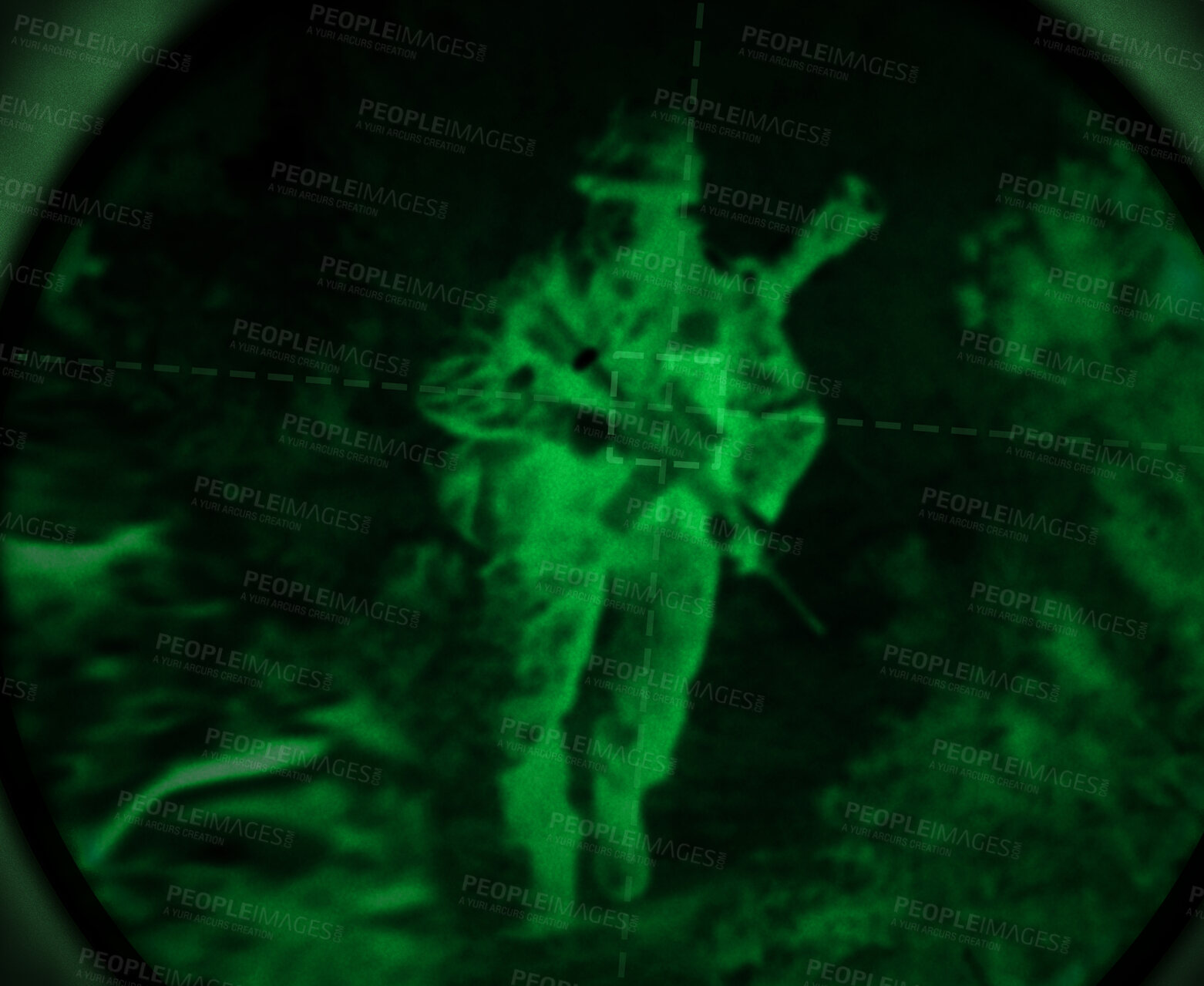 Buy stock photo Dark, night vision and soldier in the military, war or mission for army with surveillance, security or agent of government. Green, man or person with overlay of sniper telescope view or enemy