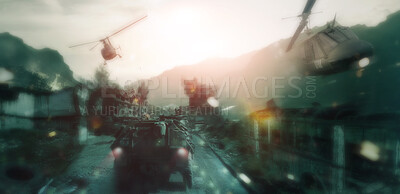 Buy stock photo Military, warzone and apocalypse with helicopter on battlefield for explosion, nuclear missile launch and army. Warrior, bomb and attack with target on city for rocket, destruction and Armageddon