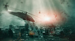 Explosion, warzone and military with helicopter on battlefield for apocalypse, nuclear missile launch and army. Warrior, bomb and attack with target on city for rocket, destruction and Armageddon