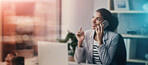 Business, thinking and woman with phone call, communication and networking with b2b, client or planning crm. Corporate, employee or entrepreneur talking on smartphone in office mockup or bokeh