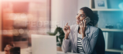 Buy stock photo Business, thinking and woman with phone call, communication and networking with b2b, client or planning crm. Corporate, employee or entrepreneur talking on smartphone in office mockup or bokeh