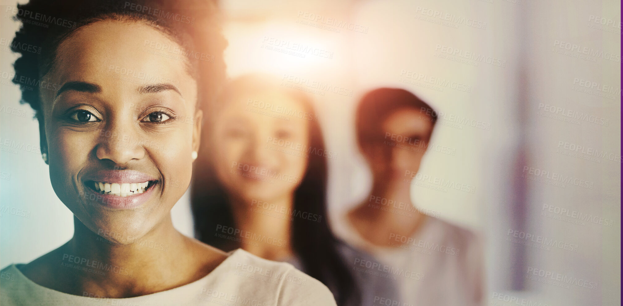 Buy stock photo Portrait, leadership and black woman in row in an office for business, management and teamwork. Happy, corporate and face of an African employee in a line with workers in the workplace for solidarity