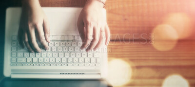 Buy stock photo Mockup, hands typing on laptop from above, business person online at desk with bokeh. Technology, communication and networking, worker writing research report or feedback email on computer keyboard.