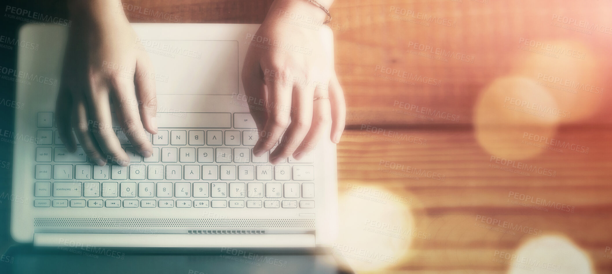 Buy stock photo Mockup, hands typing on laptop from above, business person online at desk with bokeh. Technology, communication and networking, worker writing research report or feedback email on computer keyboard.