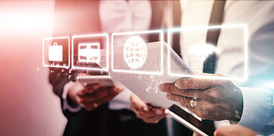 Buy stock photo Hologram, tablet and hands of business people with futuristic networking for company growth and connection. Technology, software and team working on 3D digital worldwide development information