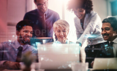 Buy stock photo Hologram, computer and team of business people with futuristic networking for company global growth and connection. Happy, software and team working on 3D digital worldwide development information