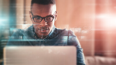 Buy stock photo Overlay, mockup and business black man on laptop in home office for planning, website and fintech graphs. Reading, hologram and person typing online, for statistics and data analytics on computer