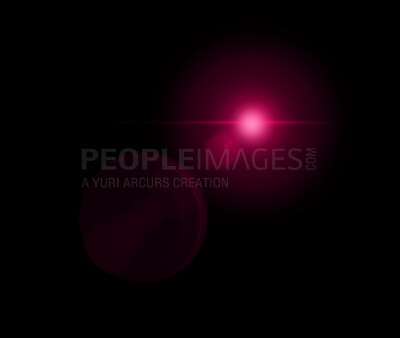 Buy stock photo Light, hologram and pink spark on black background for sparkle, glitter and abstract design. Neon overlay, creative mockup and isolated star for glow pattern, wallpaper and vector illustration