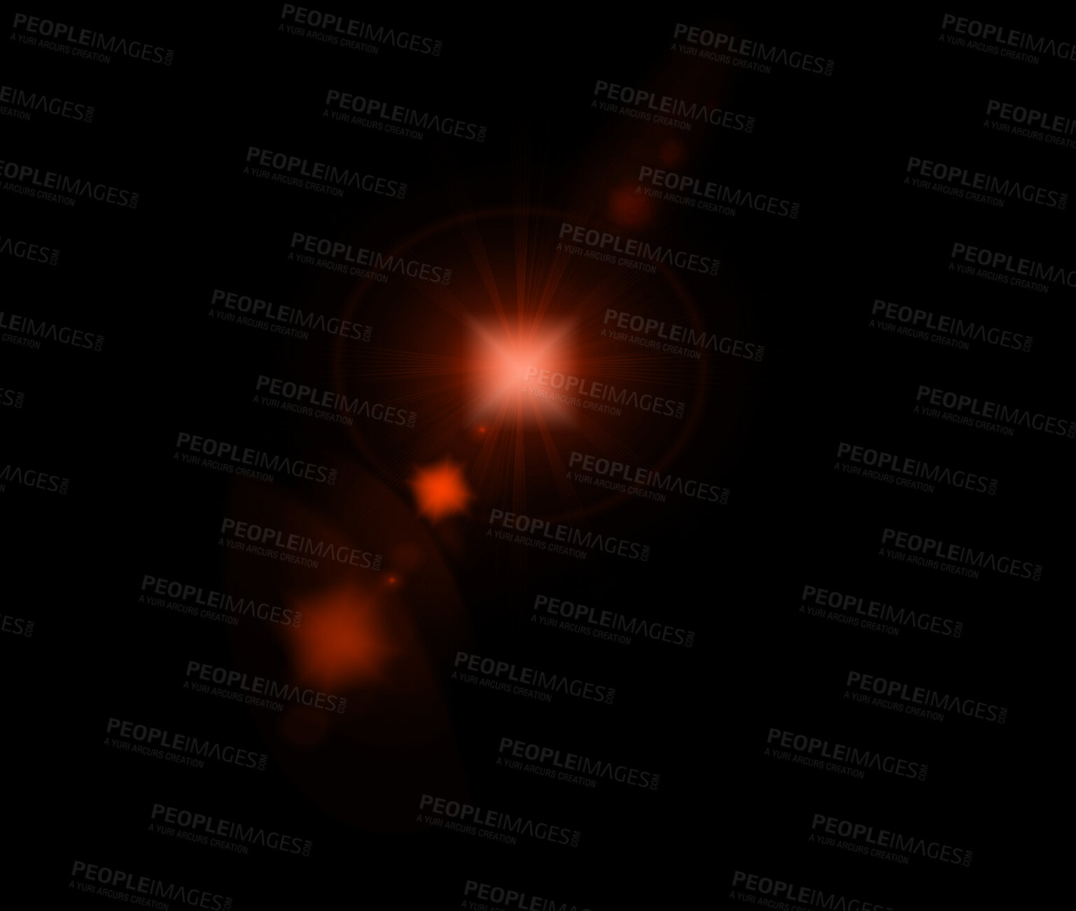 Buy stock photo Light, lens flare and red spark on black background for sparkle, glitter and abstract design. Magic, creative mockup space and isolated star for art illustration, astral wallpaper and neon pattern