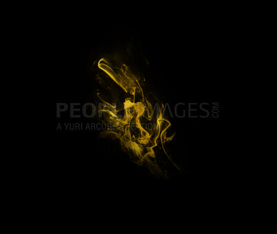 Buy stock photo Yellow smoke, studio and cloud wave with gloomy fog, gas and creative art with black background and magic effect. Steam, mystical swirl and colourful mist and shake with air and abstract creativity 