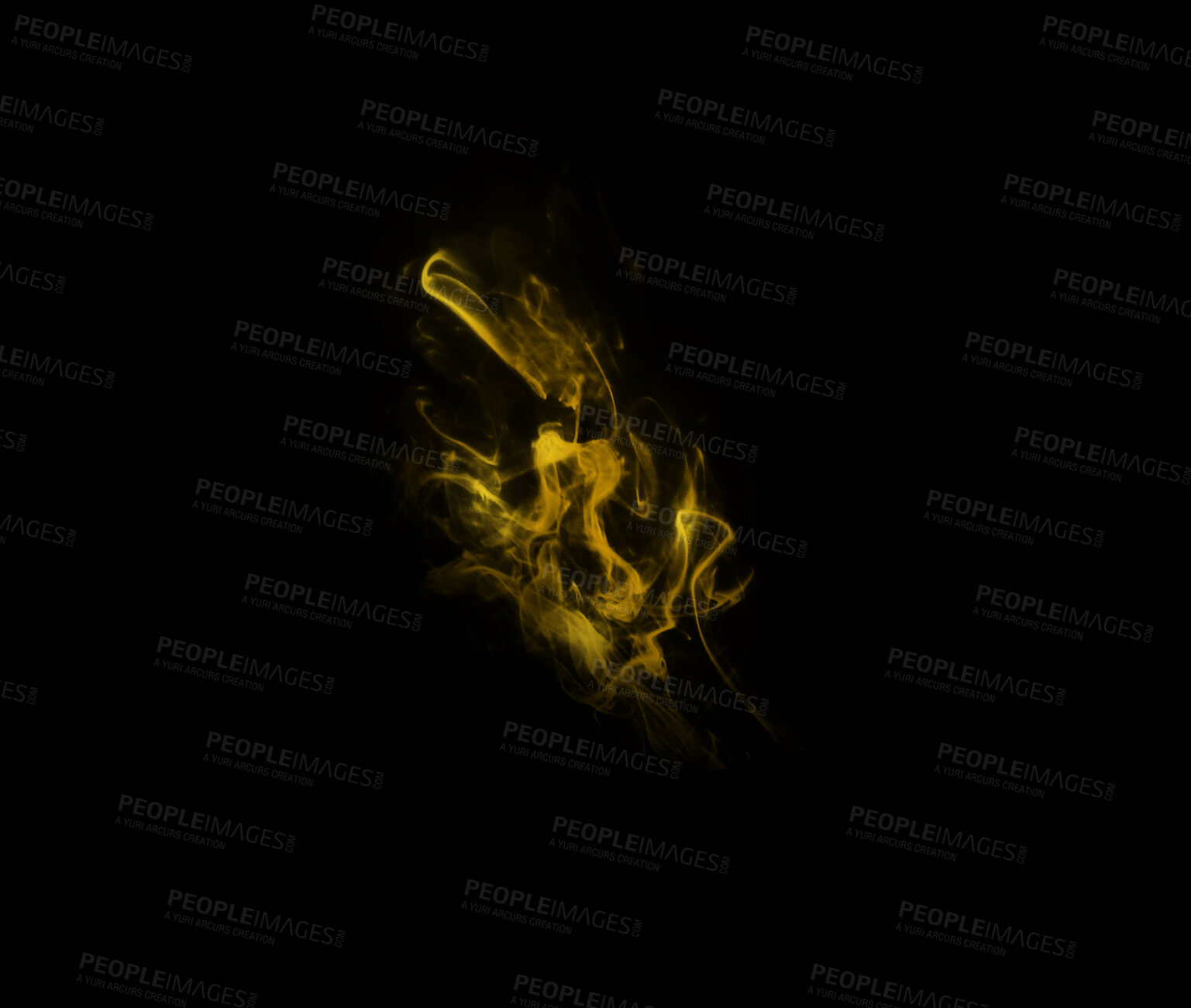 Buy stock photo Yellow smoke, studio and cloud wave with gloomy fog, gas and creative art with black background and magic effect. Steam, mystical swirl and colourful mist and shake with air and abstract creativity 