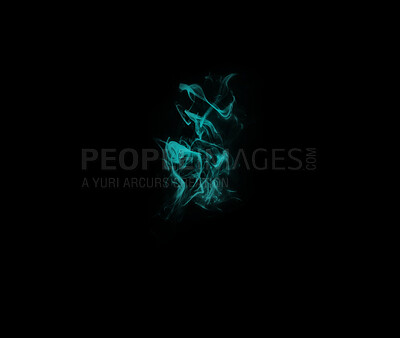 Buy stock photo Blue smoke, studio and cloud with fog, gas and creative art with black background and magic effect. Steam, mystical swirl and colourful mist and shake with air, aura and abstract creativity 