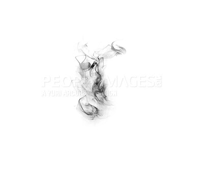 Buy stock photo Black smoke, white background and fog, mist and incense with mockup space and art. Creative abstract, nature and steam with special effects, burning in a studio and haze with textures and vapor