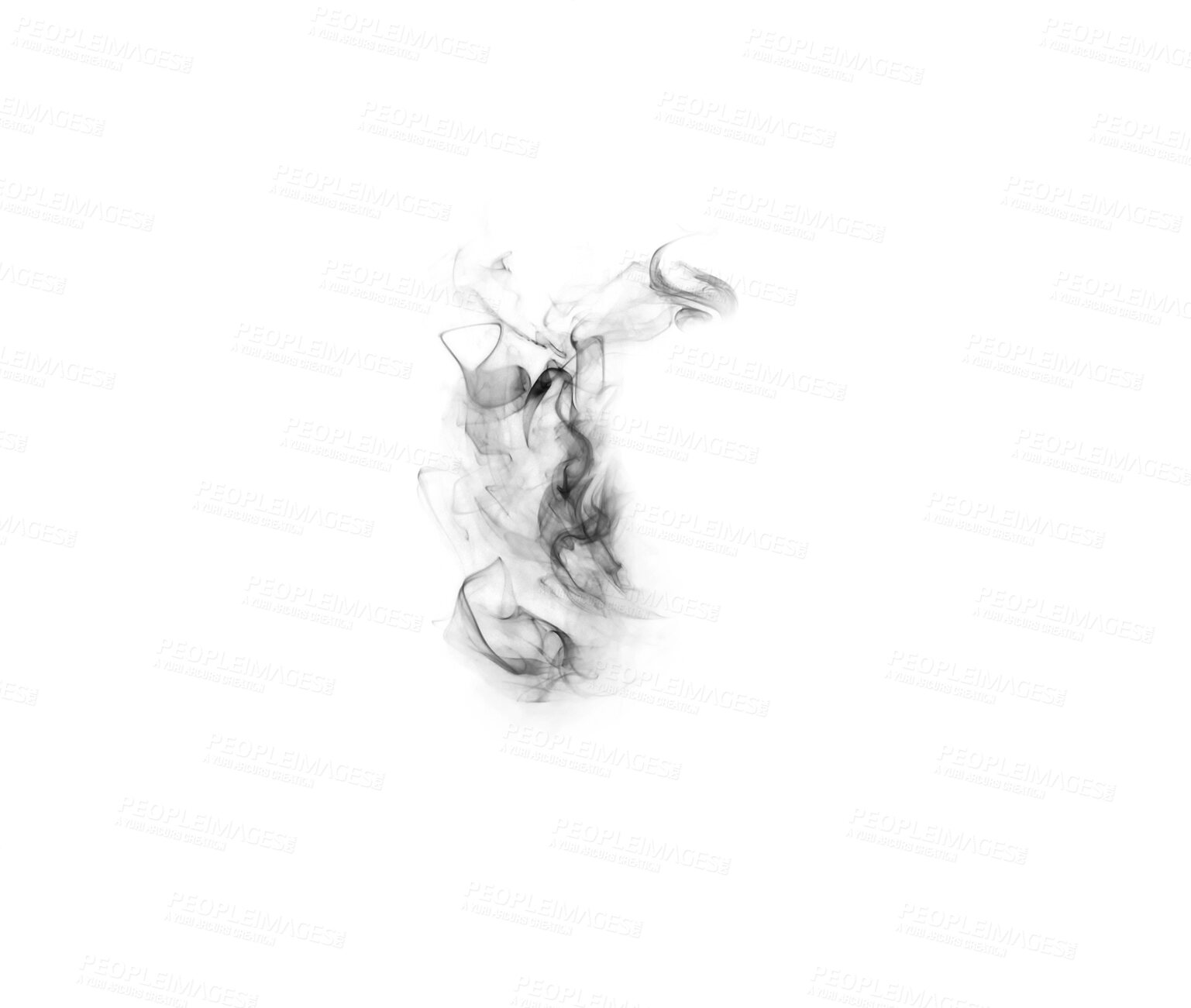 Buy stock photo Black smoke, white background and fog, mist and incense with mockup space and art. Creative abstract, nature and steam with special effects, burning in a studio and haze with textures and vapor