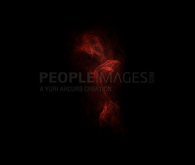 Buy stock photo Red flame, black background and smoke, fire and incense with mockup space and art. Creative abstract, light and mist with special effect, burning and dark in a studio, glow and texture with vapor