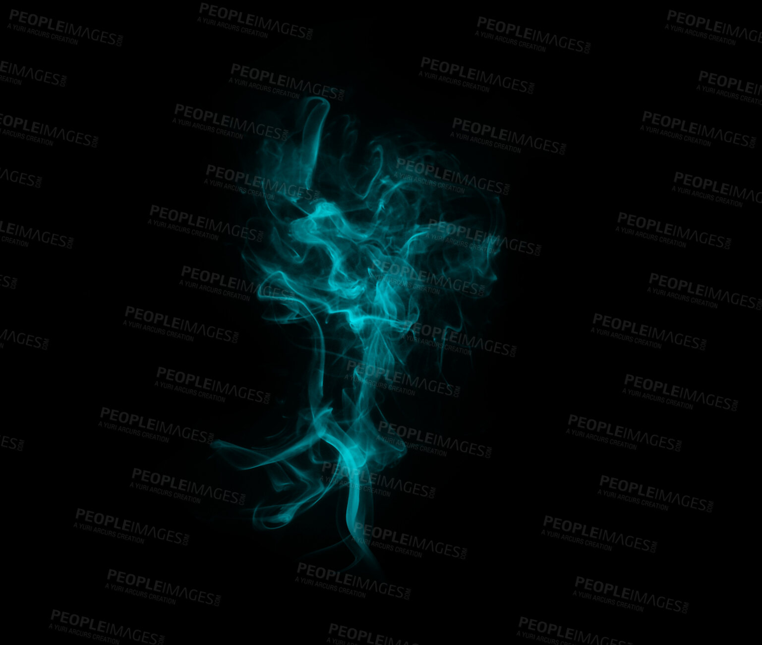 Buy stock photo Blue smoke, studio and cloud with aura fog, gas and creative art with black background and magic effect. Steam, mystical swirl and colourful mist and vapor form with air and abstract creativity 