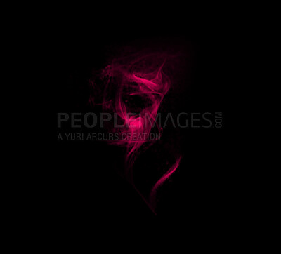 Buy stock photo Smoke, danger and red fog with vapor, incense and creative art with steam and swirl in studio. Colorful, neon puff and black background isolated with effect, cloud and magic mist of aura in the air