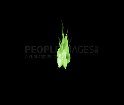 Buy stock photo Green flame, heat and light on black background with texture, pattern and burning energy. Fire line, fuel and gas isolated on dark wallpaper design, explosion at bonfire, thermal power or inferno.