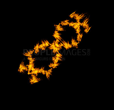 Buy stock photo Fire ring, burn and smoke with orange flame on black background, inferno and power with mockup space. Heat, ignite and sparks in a studio, energy and natural element with flammable circle and glow