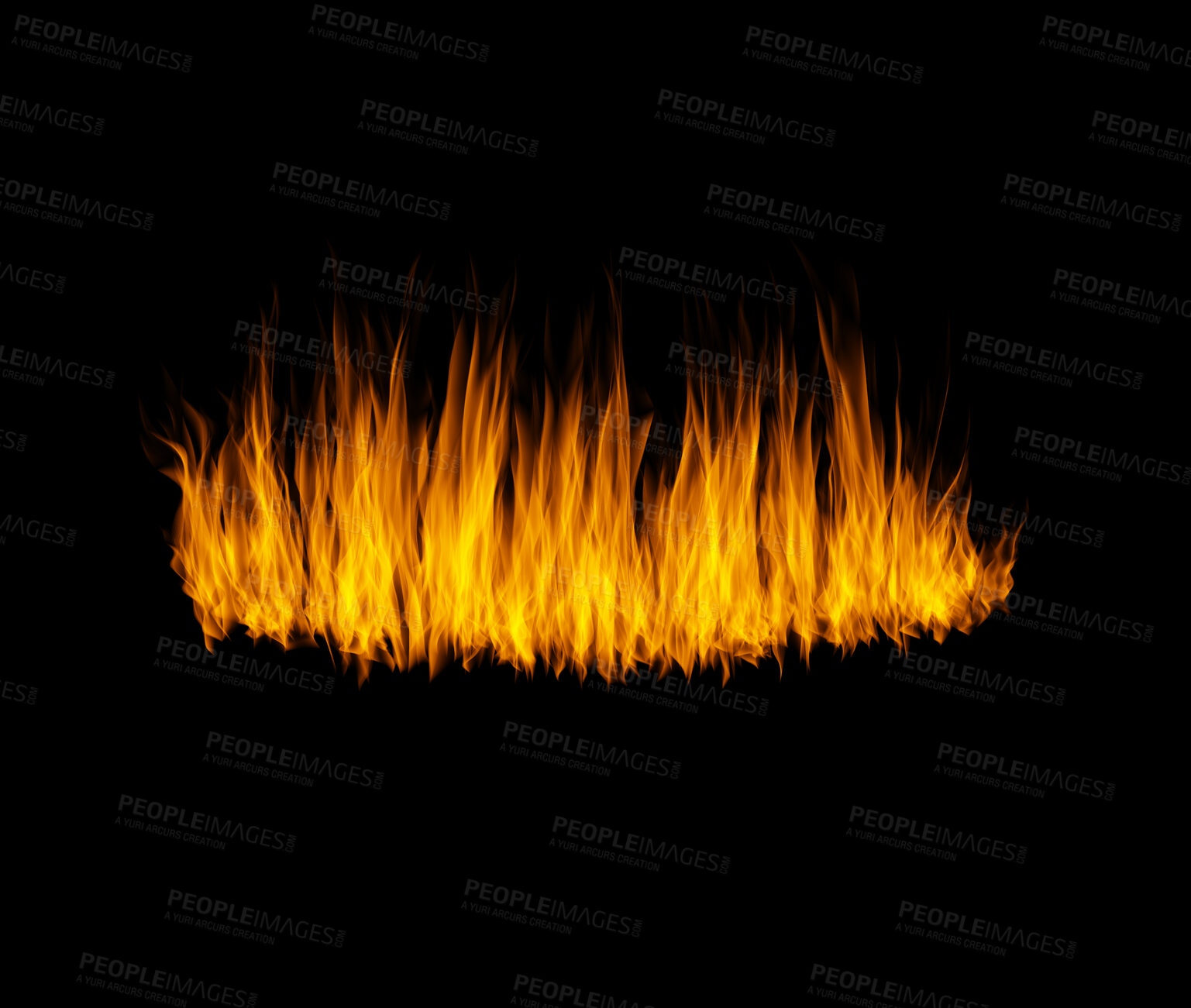 Buy stock photo Orange flame, heat or light on black background with texture, pattern and burning energy. Fire line, fuel and flare isolated on dark wallpaper design or explosion at bonfire, thermal power or inferno