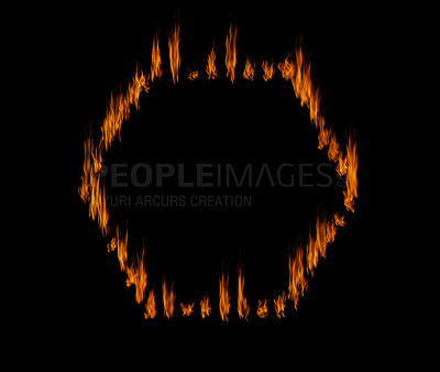 Buy stock photo Fire, shape with orange flame on black background, inferno and power with mockup space. Heat, ignite and sparks burning in a studio, energy and natural element, flammable and texture with hexagon