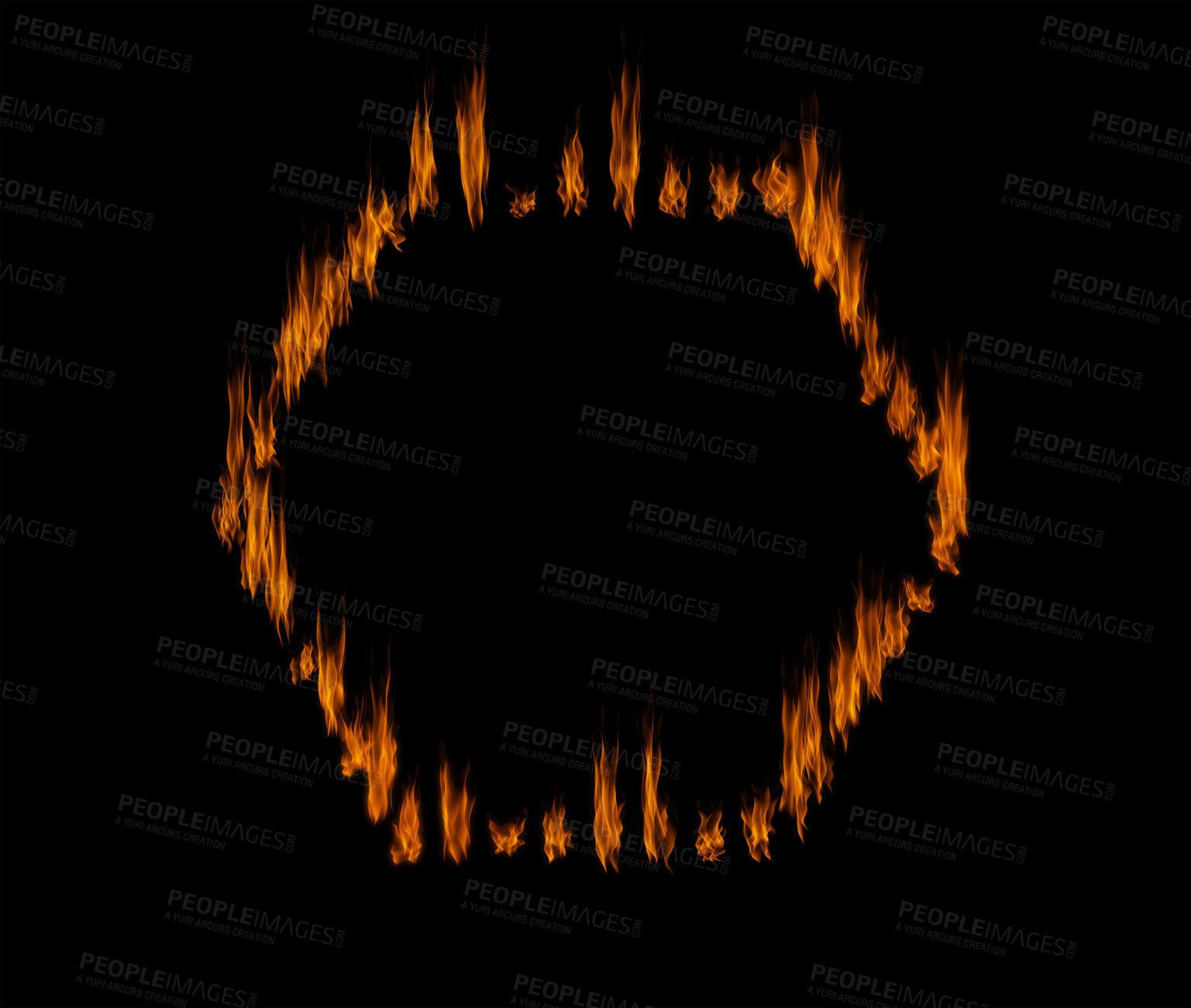 Buy stock photo Fire, shape with orange flame on black background, inferno and power with mockup space. Heat, ignite and sparks burning in a studio, energy and natural element, flammable and texture with hexagon