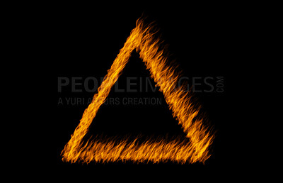 Buy stock photo Triangle flame, heat and light on black background with texture, pattern and burning energy sign. Fire, fuel and flare isolated on dark wallpaper design, explosion at bonfire or thermal power symbol.