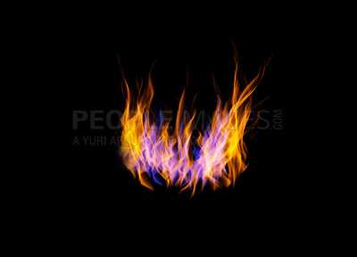 Buy stock photo Orange flame, heat or light on black wallpaper with texture, pattern or burning energy. Fire line, fuel and flare isolated on dark background design or explosion at bonfire, thermal power or inferno.