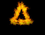 Triangle fire, heat and light on black background with texture, pattern and burning energy. Flame, fuel and flare isolated on dark wallpaper design, explosion at bonfire, thermal power or inferno.