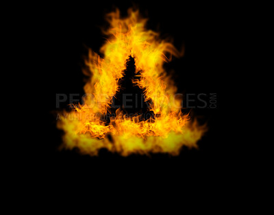 Buy stock photo Triangle fire, heat and light on black background with texture, pattern and burning energy sign. Flame, fuel and flare isolated on dark wallpaper design, explosion at bonfire or thermal power symbol.