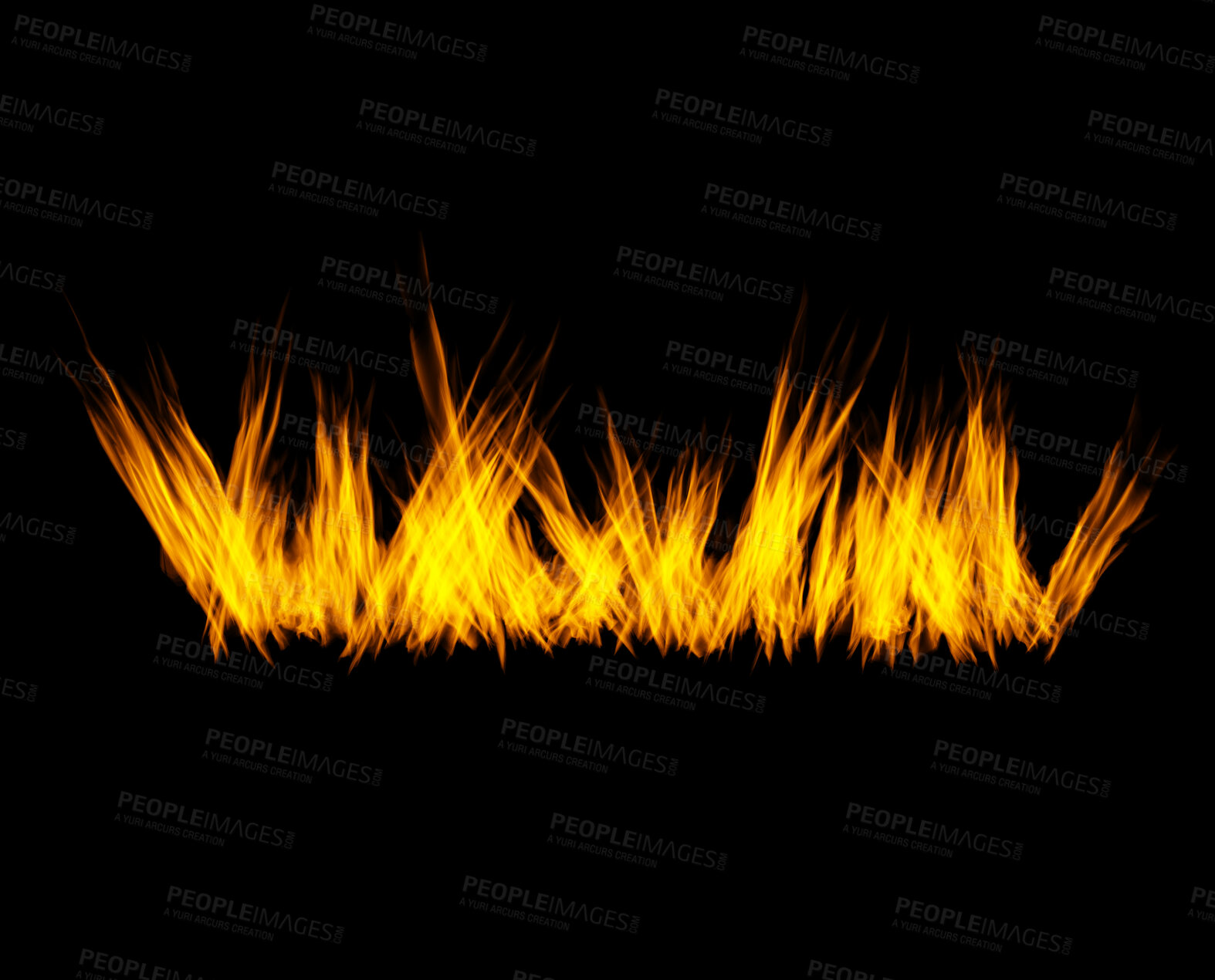 Buy stock photo Flame, heat and sparks on black background with texture, pattern and orange burning energy. Fire line, fuel and flare isolated on dark wallpaper design, explosion at bonfire, thermal power or inferno