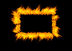 Rectangle, flame and heat on black background with color, texture and pattern of burning energy. Fire frame, fuel and flare isolated on dark wallpaper design, explosion box, thermal power or inferno.