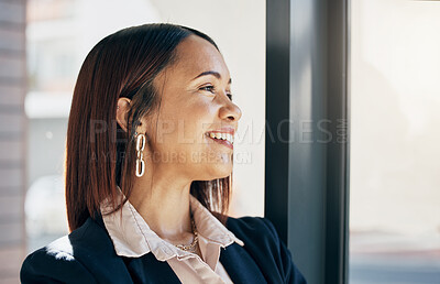 Buy stock photo Thinking, happy and business woman by window for ideas, career opportunity and job in office. Professional, brainstorming and face of worker in workplace with confidence, ambition and success mindset